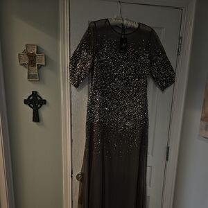 Adrianna Papell Beaded Illusion Gown 16W Color-Gun Metal